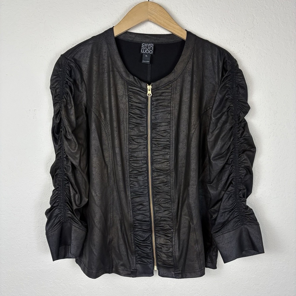 Clara Sun Woo Liquid Leather Full Zip Jacket Size XL Brown Ruched Career